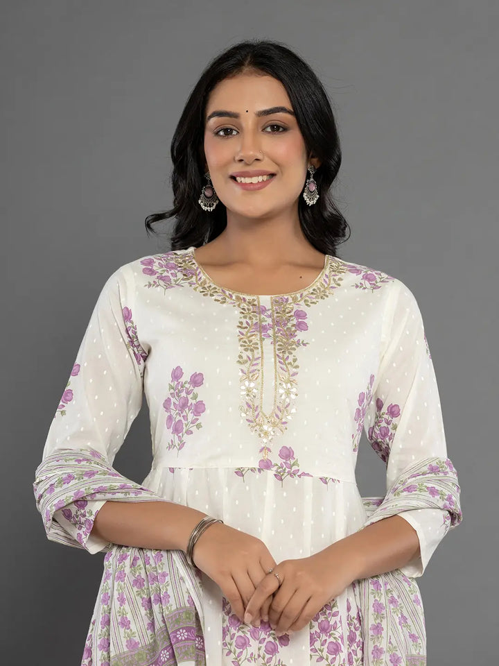 Purple & White Gota_Patti Cotton Anarkali Kurta Dupatta Pant Set-Yufta Store-7163SKDPRS