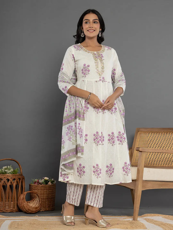 Purple & White Gota_Patti Cotton Anarkali Kurta Dupatta Pant Set-Yufta Store-7163SKDPRS