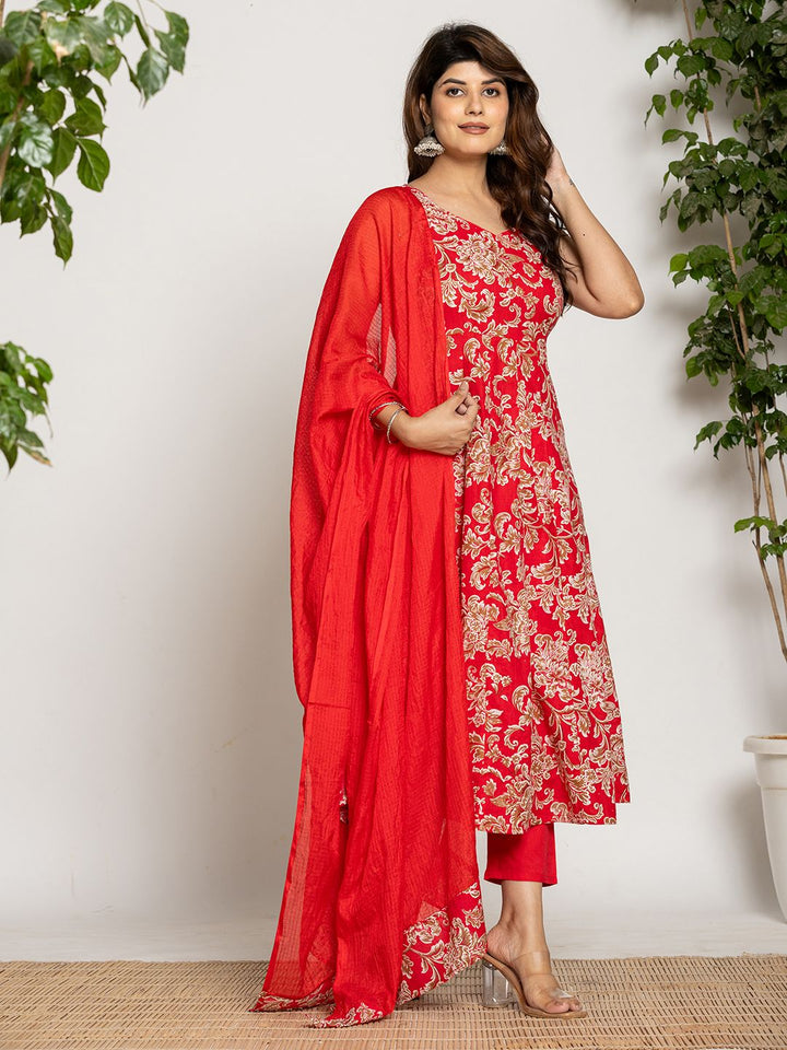 Cotton Red Anarkali Kurta Dupatta Set