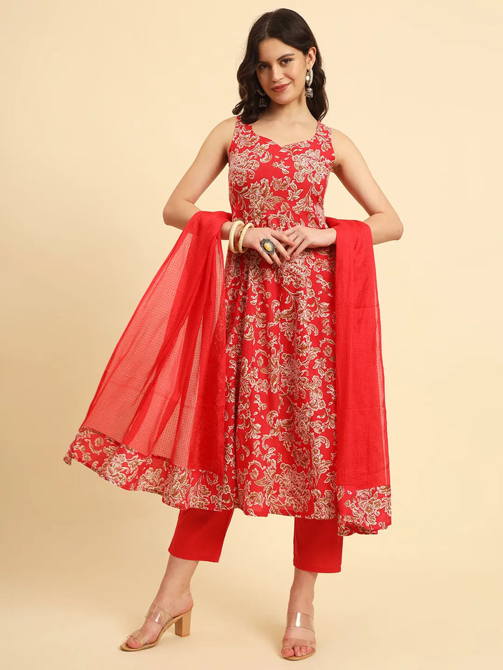 Cotton Red Anarkali Kurta Dupatta Set