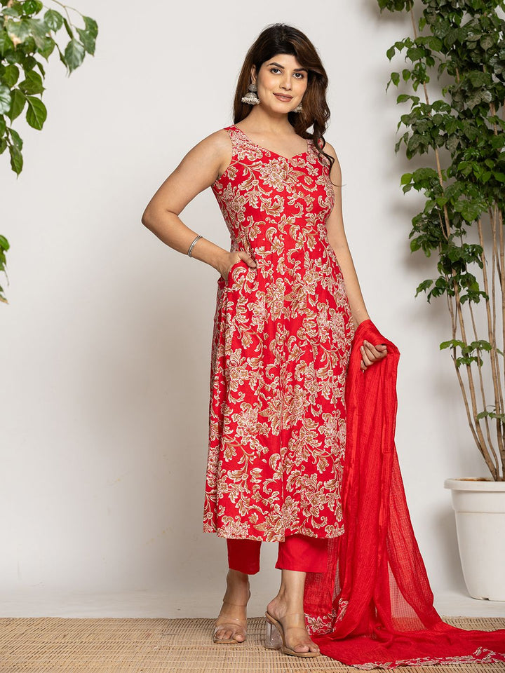 Cotton Red Anarkali Kurta Dupatta Set