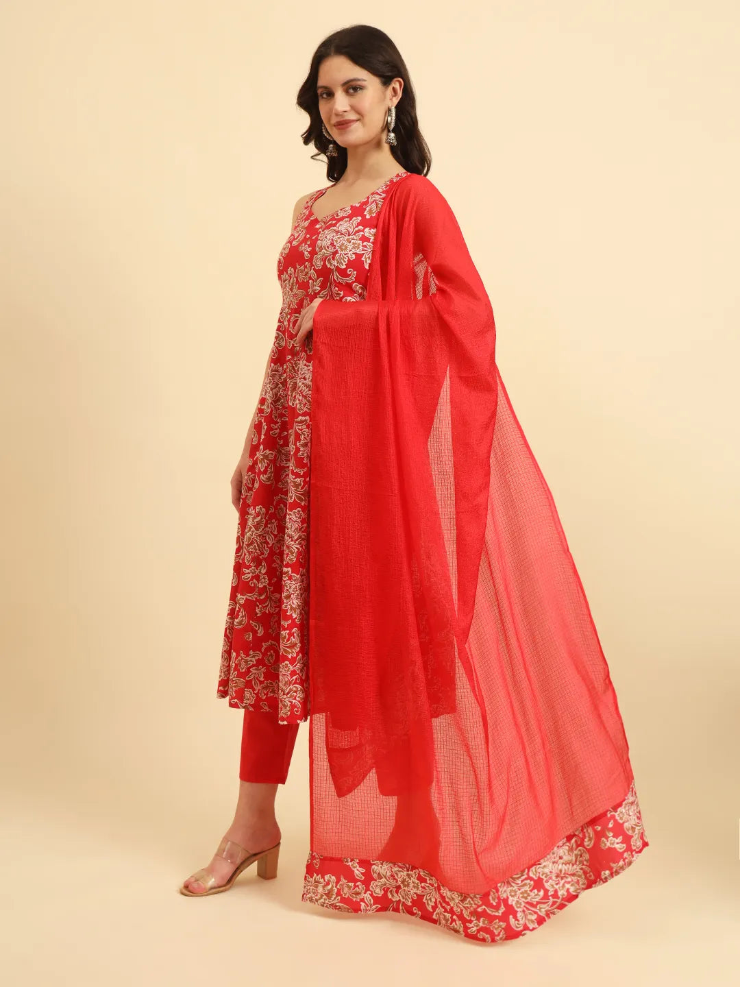 Cotton Red Anarkali Kurta Dupatta Set