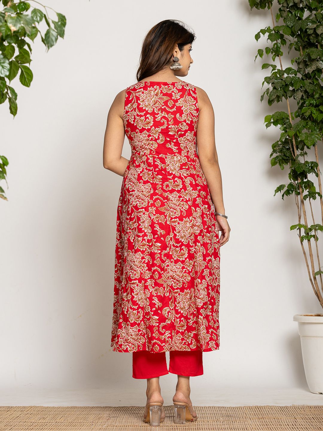 Cotton Red Anarkali Kurta Dupatta Set