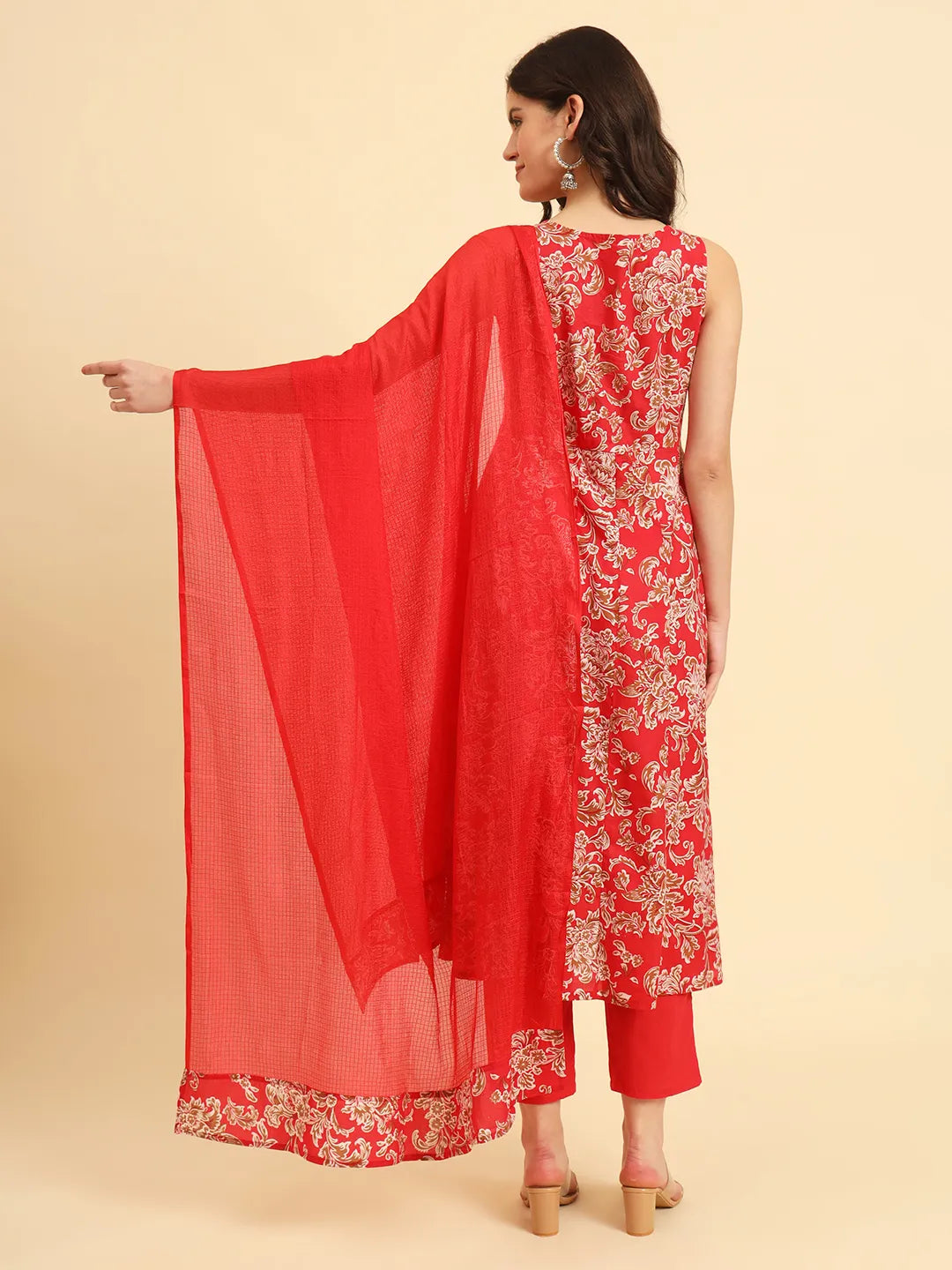 Cotton Red Anarkali Kurta Dupatta Set