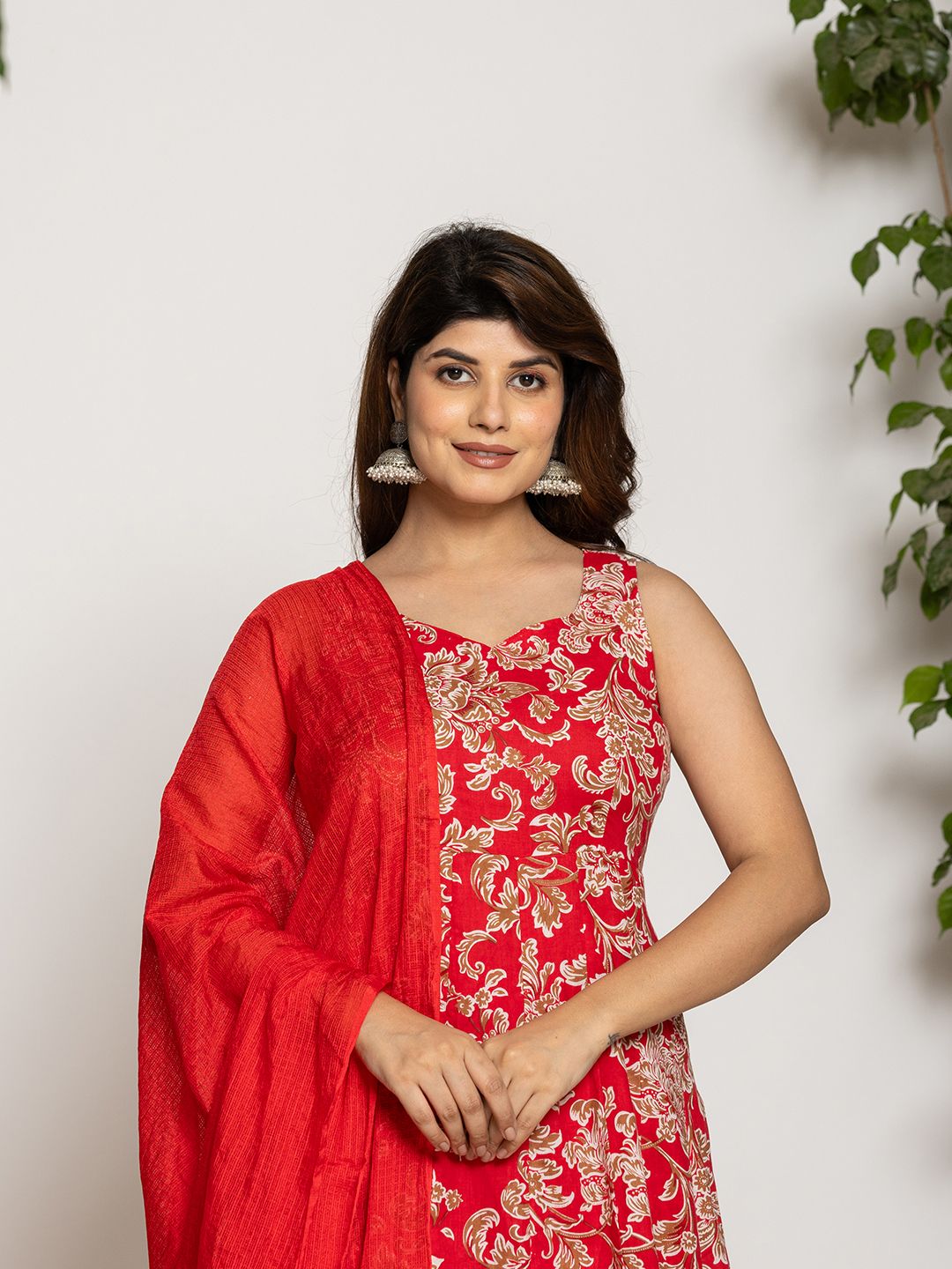 Cotton Red Anarkali Kurta Dupatta Set