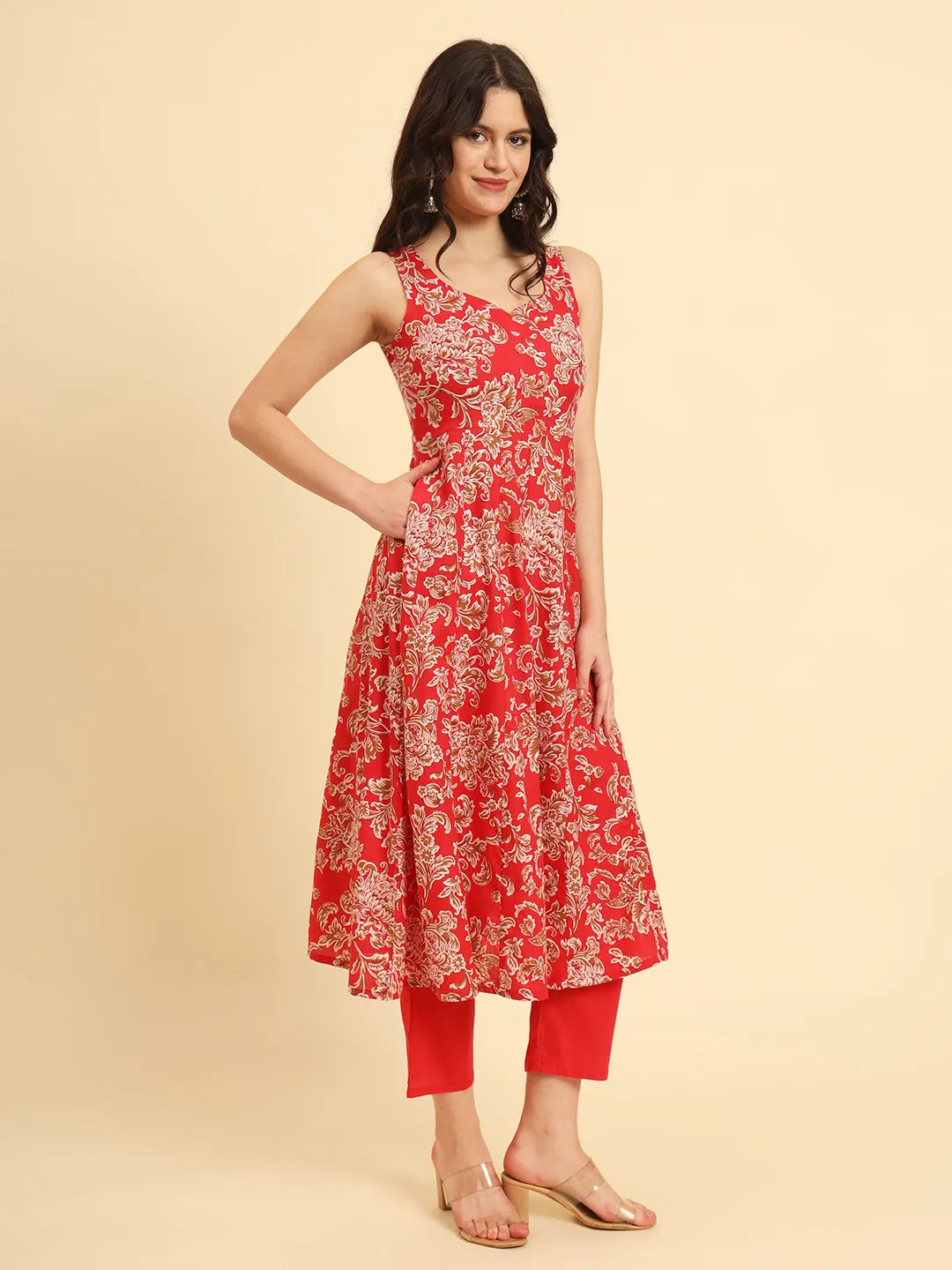 Cotton Red Anarkali Kurta Dupatta Set