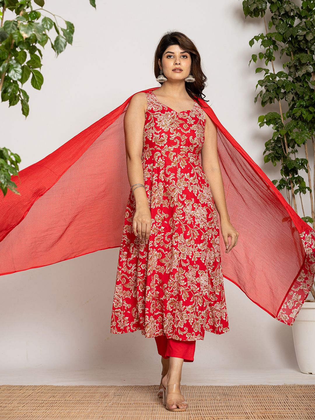 Cotton Red Anarkali Kurta Dupatta Set