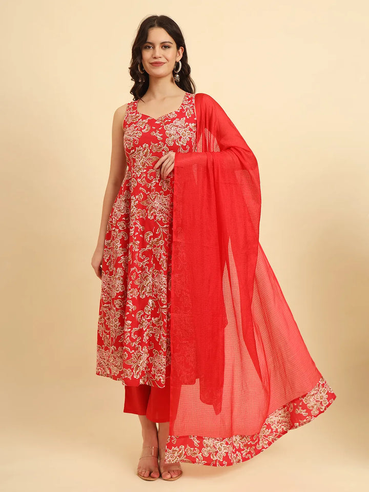 Cotton Red Anarkali Kurta Dupatta Set