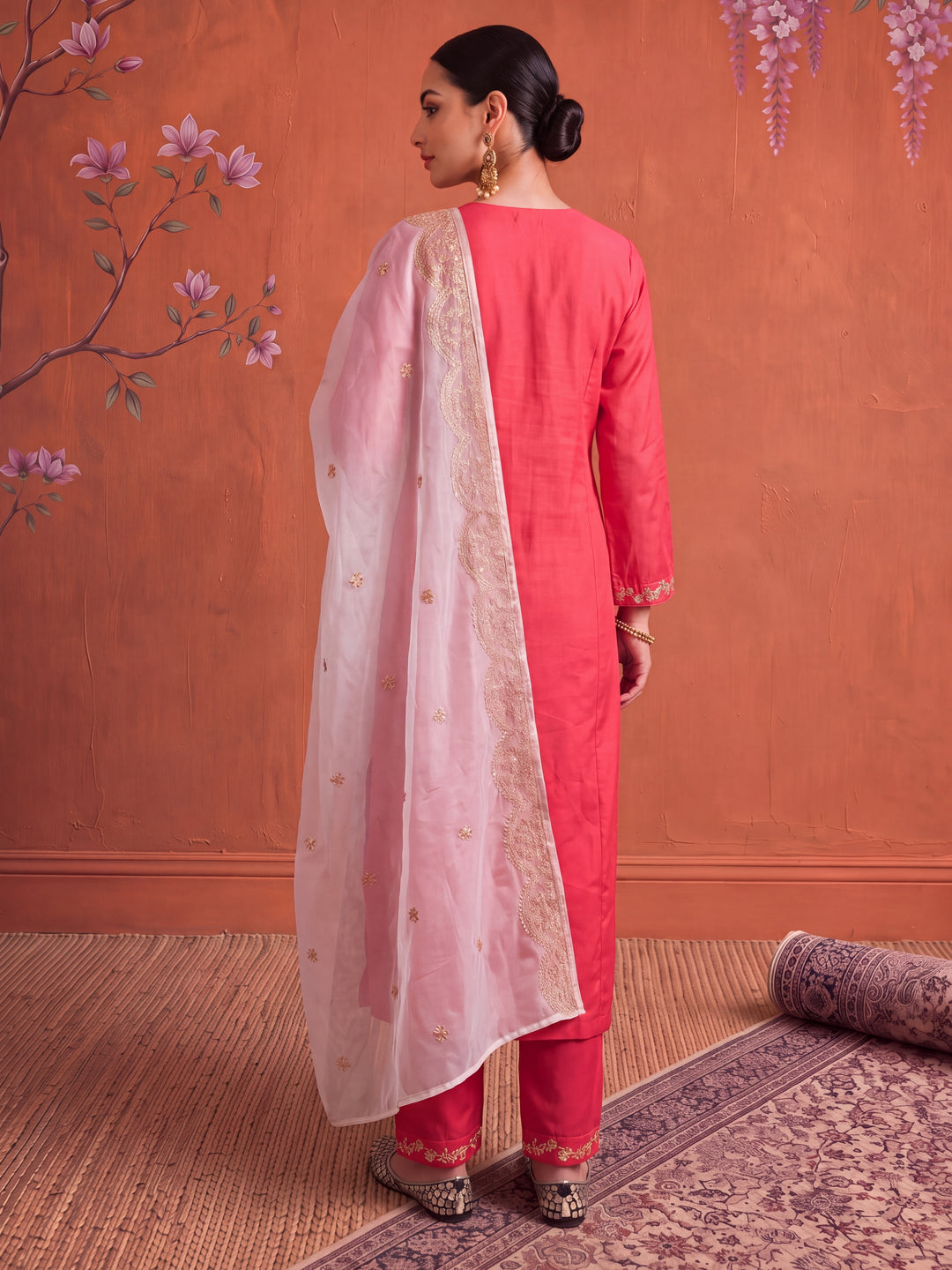 Fuchsia Silk Embroidered Kurta Dupatta Set