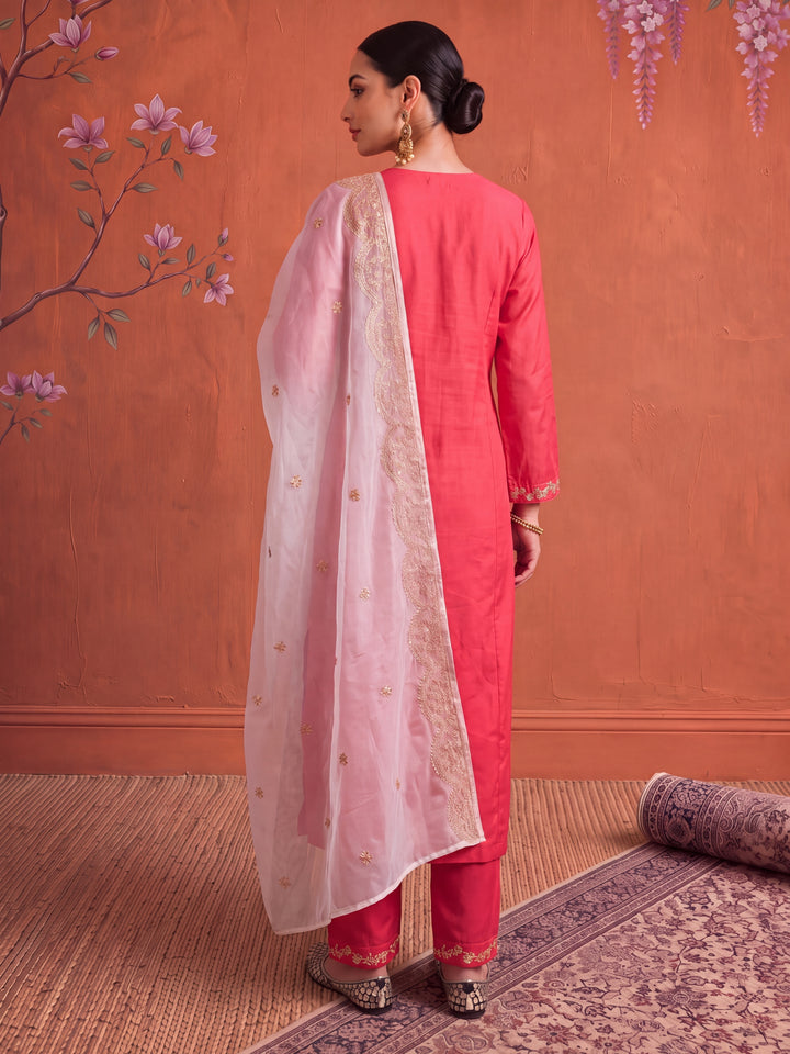 Fuchsia Silk Embroidered Kurta Dupatta Set