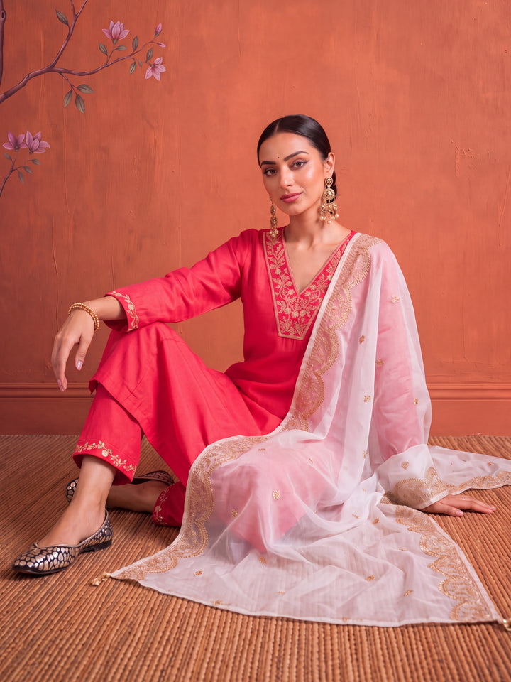 Fuchsia Silk Embroidered Kurta Dupatta Set