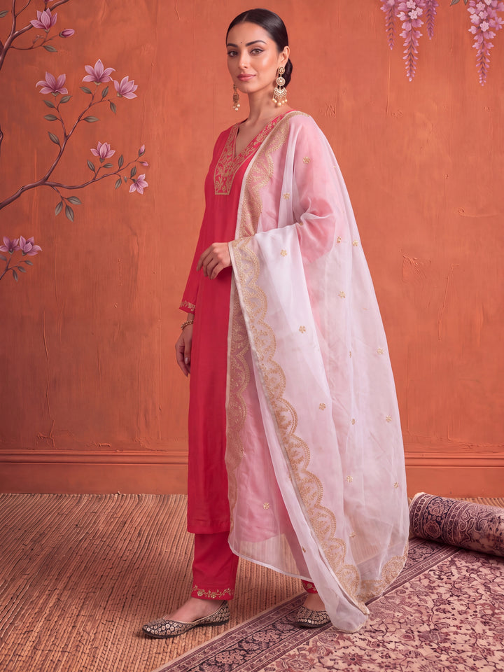 Fuchsia Silk Embroidered Kurta Dupatta Set
