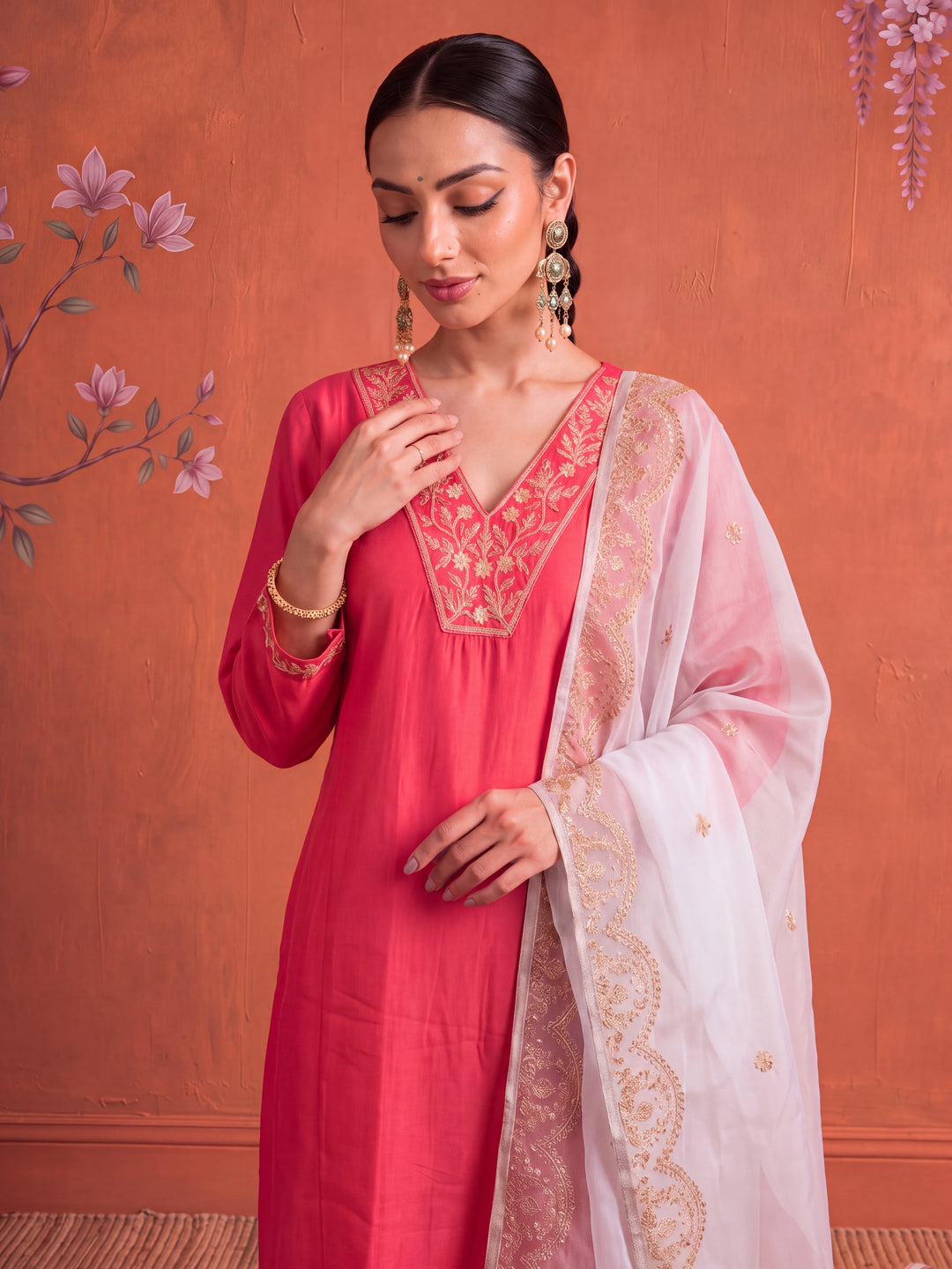 Fuchsia Silk Embroidered Kurta Dupatta Set