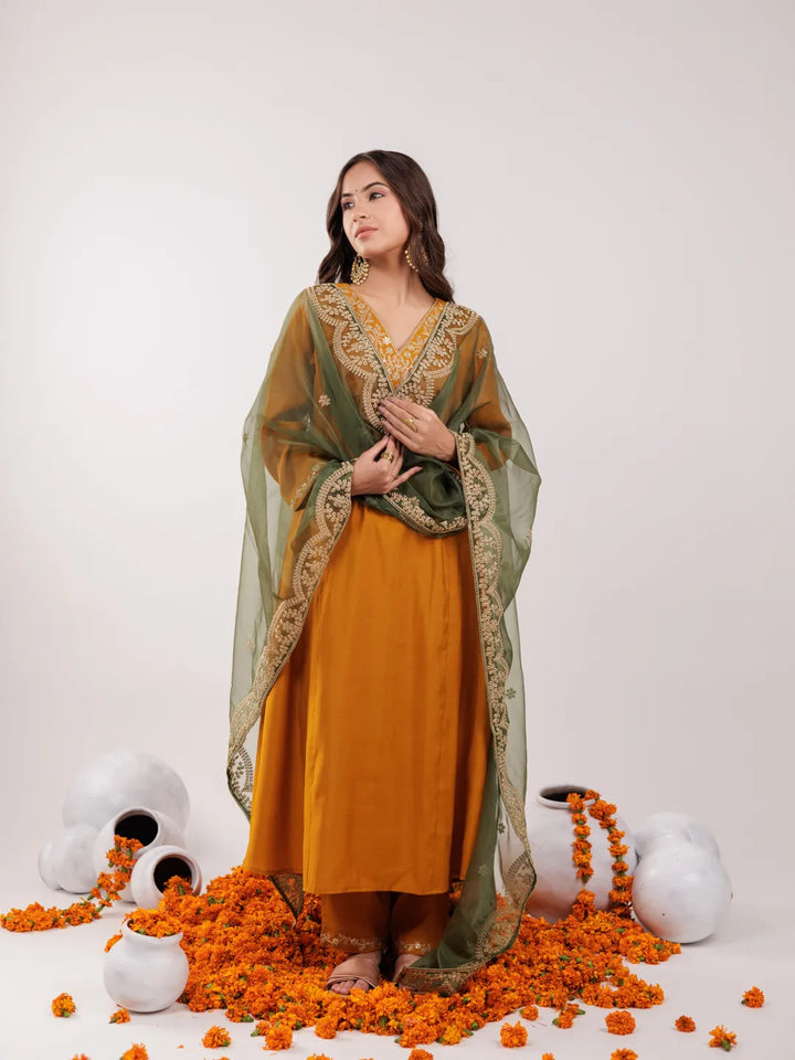 Mustard Silk Embroidered Kurta Dupatta Set-Yufta Store-7175SKDMSS