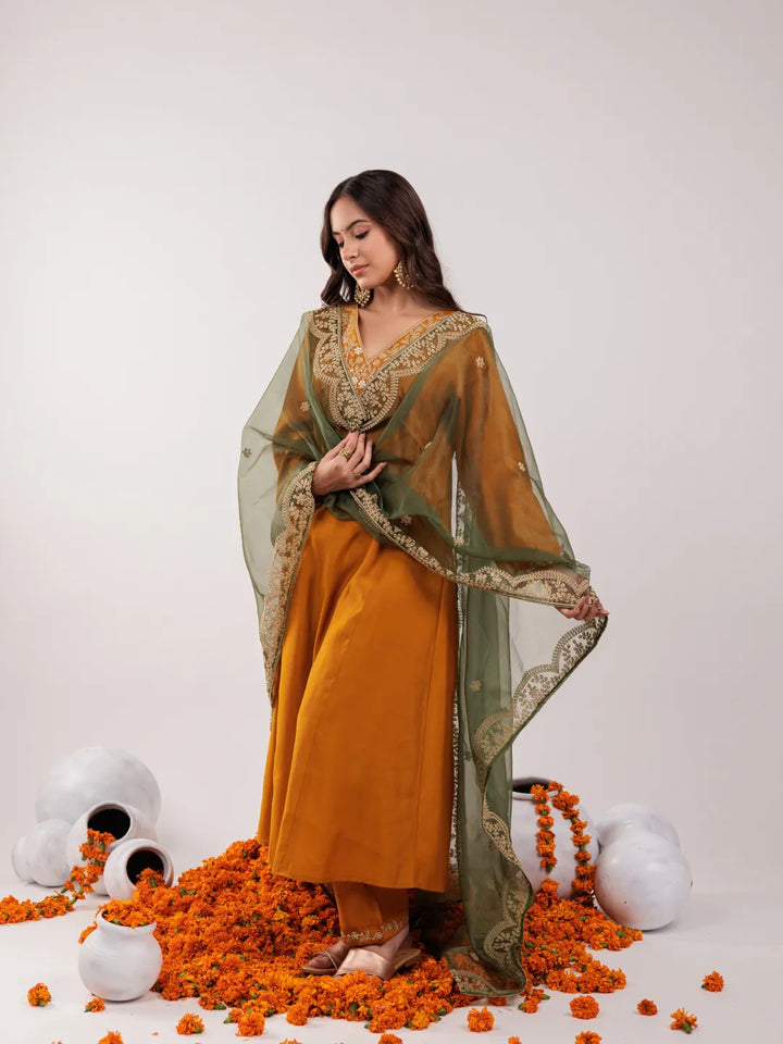 Mustard Silk Embroidered Kurta Dupatta Set-Yufta Store-7175SKDMSS