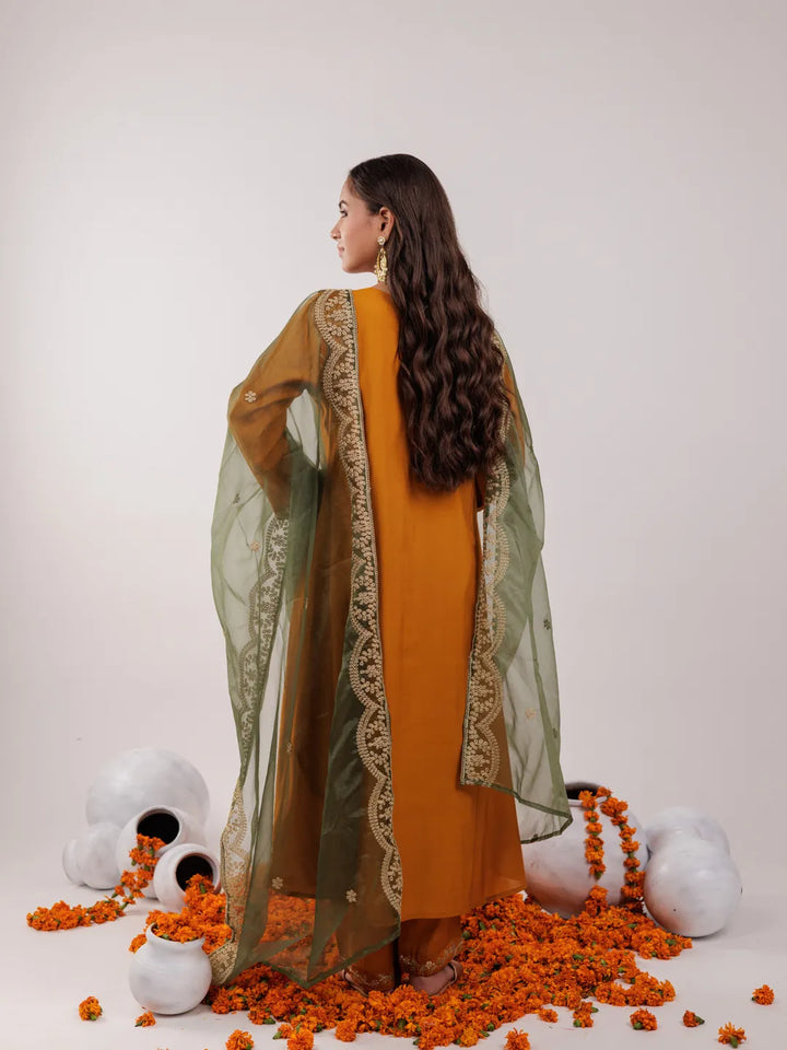 Mustard Silk Embroidered Kurta Dupatta Set-Yufta Store-7175SKDMSS