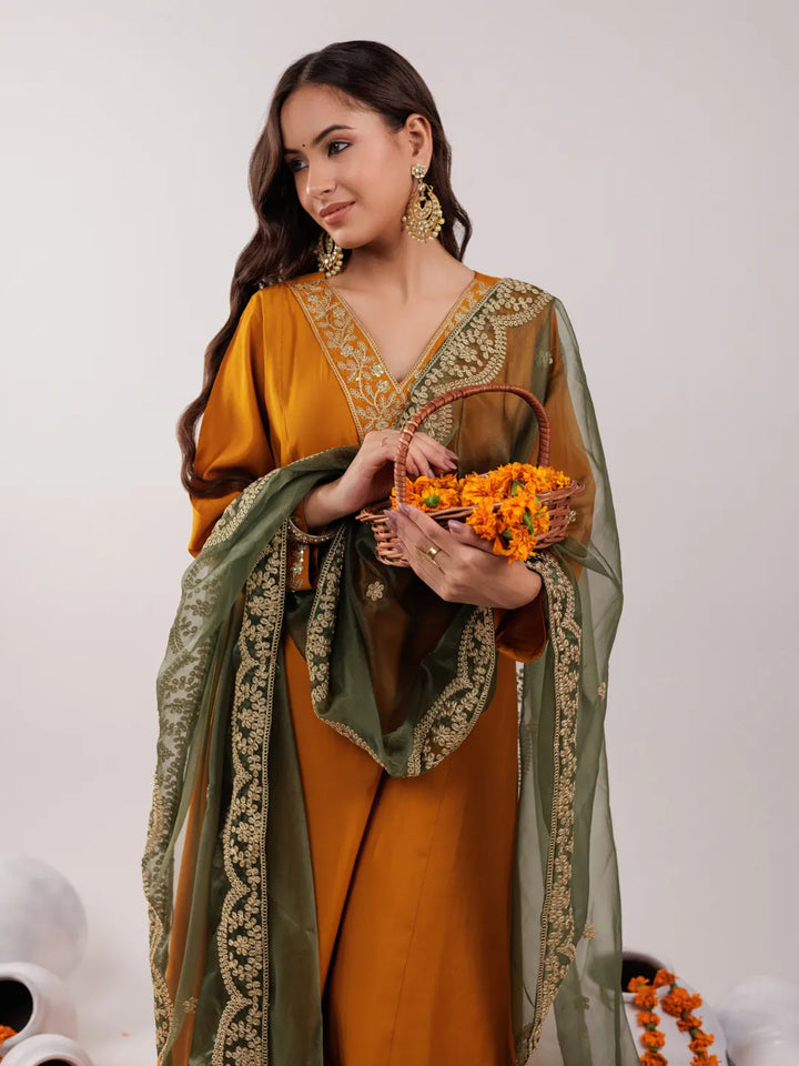 Mustard Silk Embroidered Kurta Dupatta Set-Yufta Store-7175SKDMSS