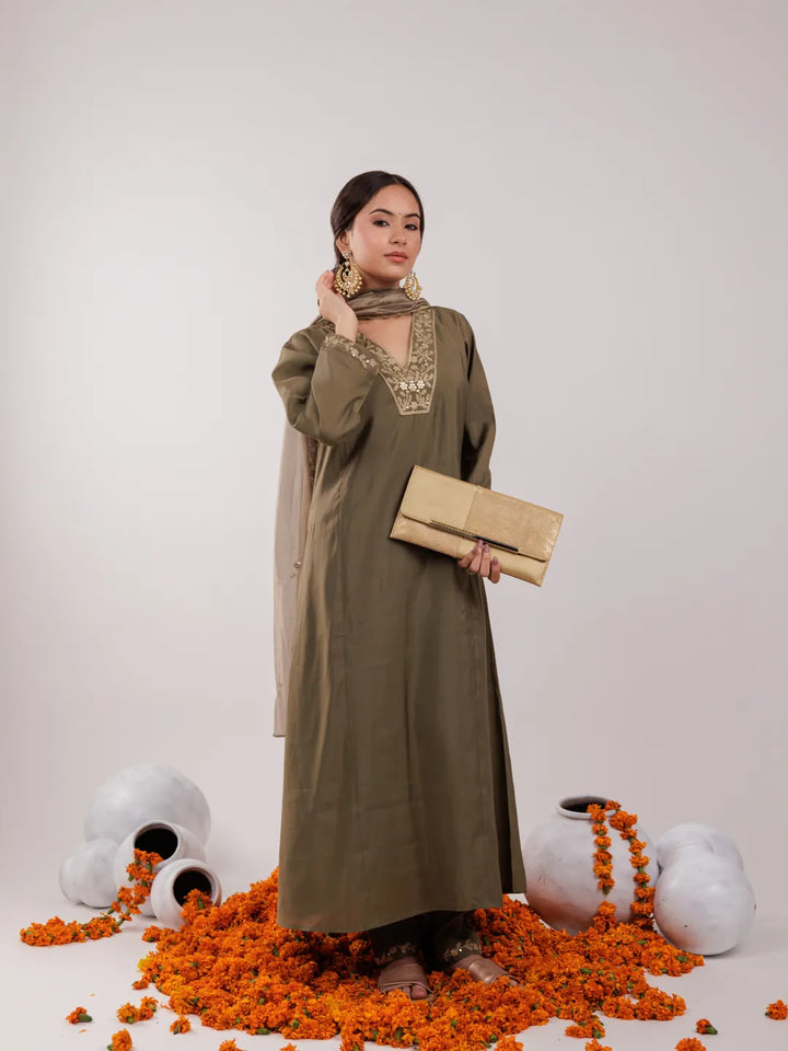 Olive Green Silk Embroidered Kurta Dupatta Set-Yufta Store-7175SKDOLS