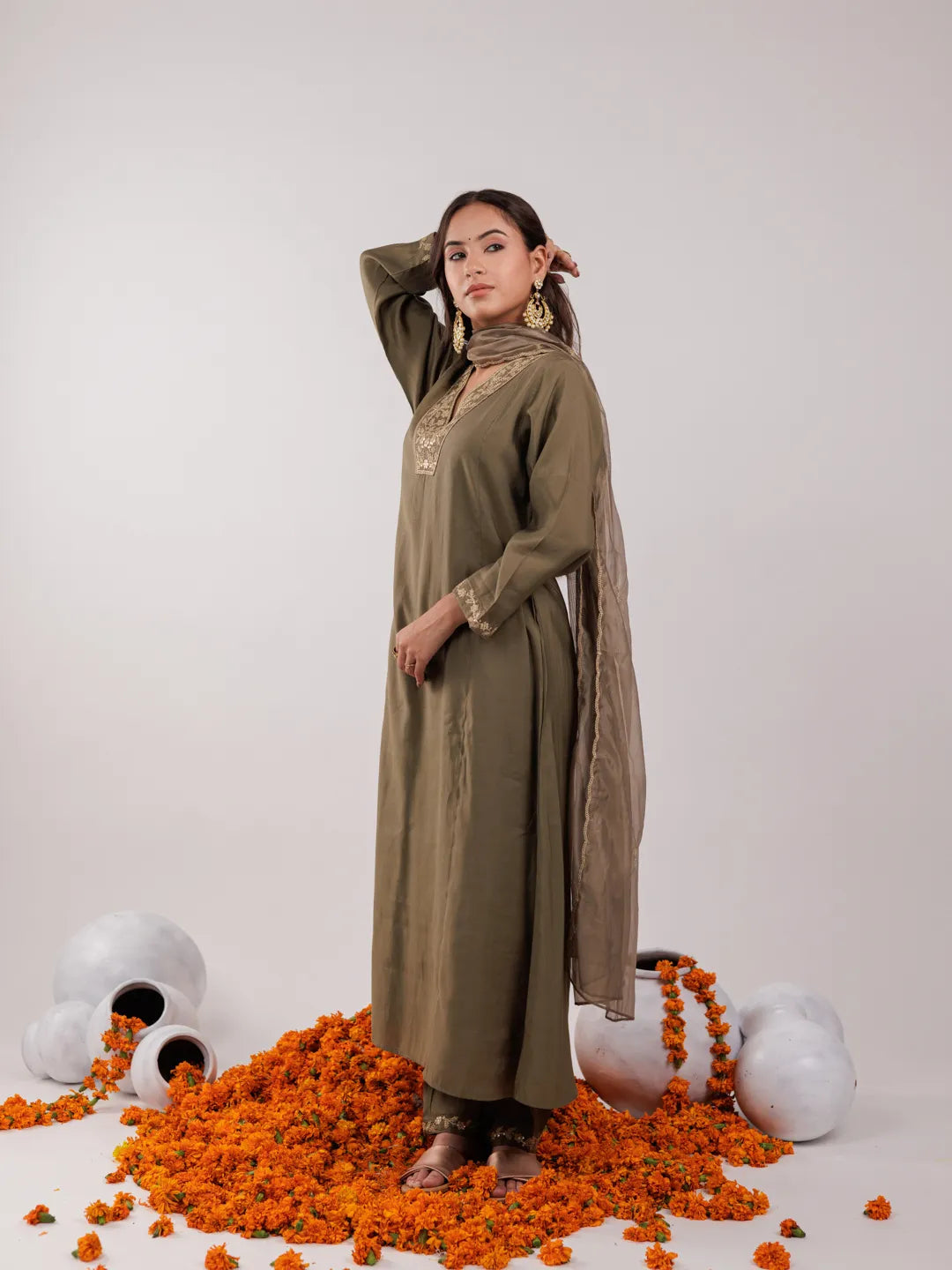 Olive Green Silk Embroidered Kurta Dupatta Set-Yufta Store-7175SKDOLS