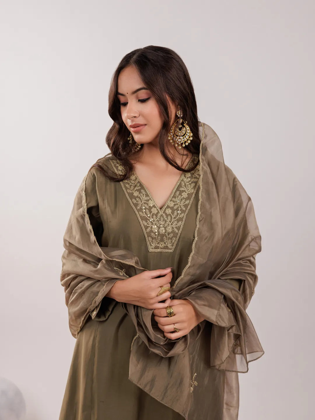 Olive Green Silk Embroidered Kurta Dupatta Set-Yufta Store-7175SKDOLS