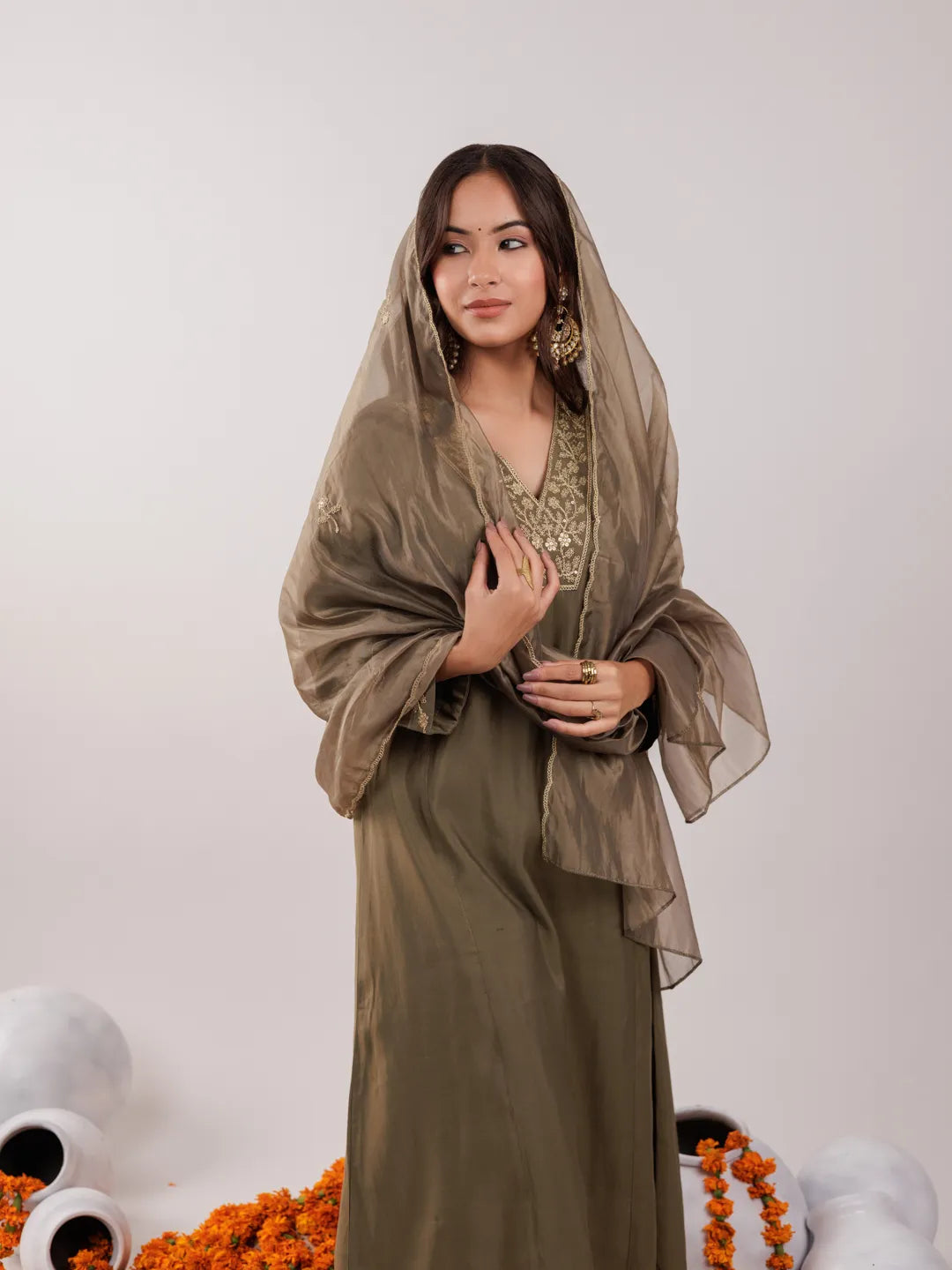 Olive Green Silk Embroidered Kurta Dupatta Set-Yufta Store-7175SKDOLS