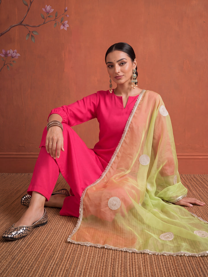 Pink Straight Solid Kurta Dupatta Set