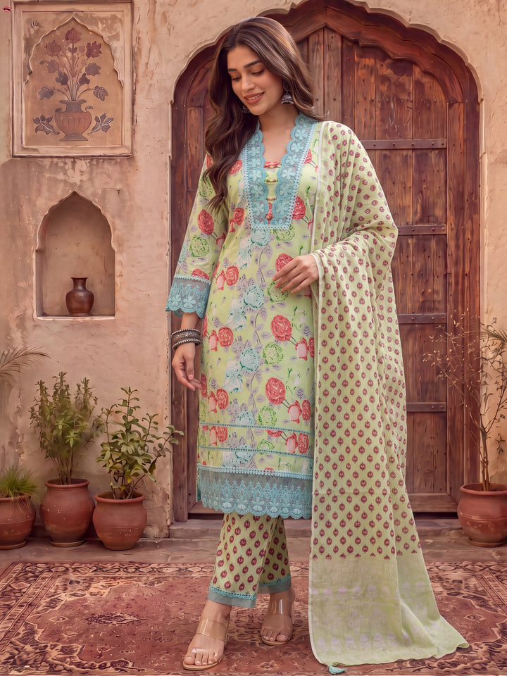 Green Floral Print Pure Cotton Beads Straight Kurta Dupatta Set With Lace Detailing