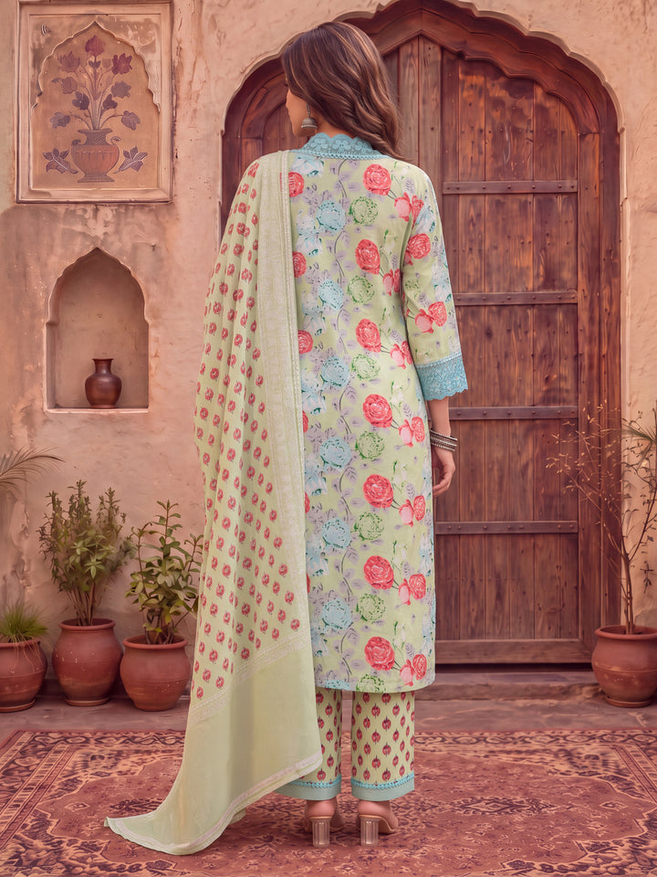 Green Floral Print Pure Cotton Beads Straight Kurta Dupatta Set With Lace Detailing
