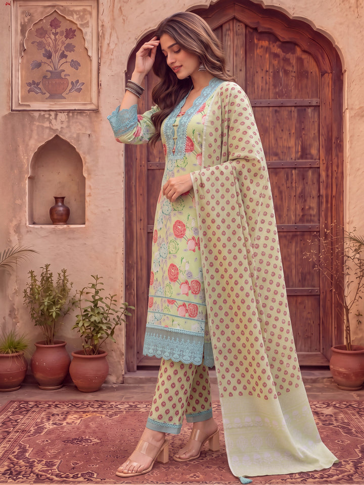 Green Floral Print Pure Cotton Beads Straight Kurta Dupatta Set With Lace Detailing