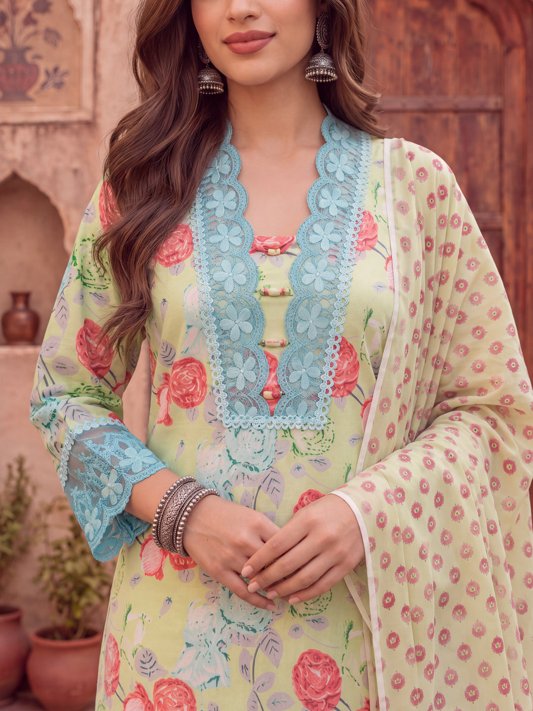 Green Floral Print Pure Cotton Beads Straight Kurta Dupatta Set With Lace Detailing