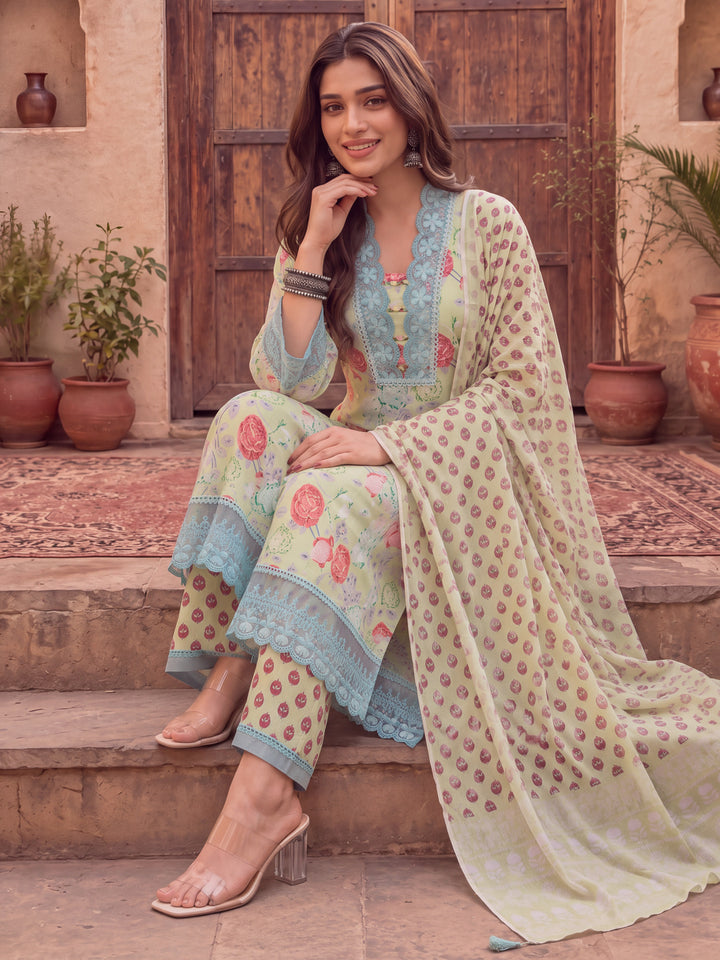 Green Floral Print Pure Cotton Beads Straight Kurta Dupatta Set With Lace Detailing