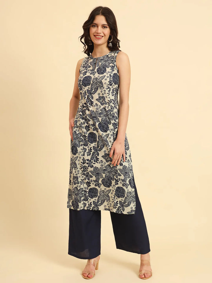 Blue Cotton Ethnic Motifs Straight Kurta