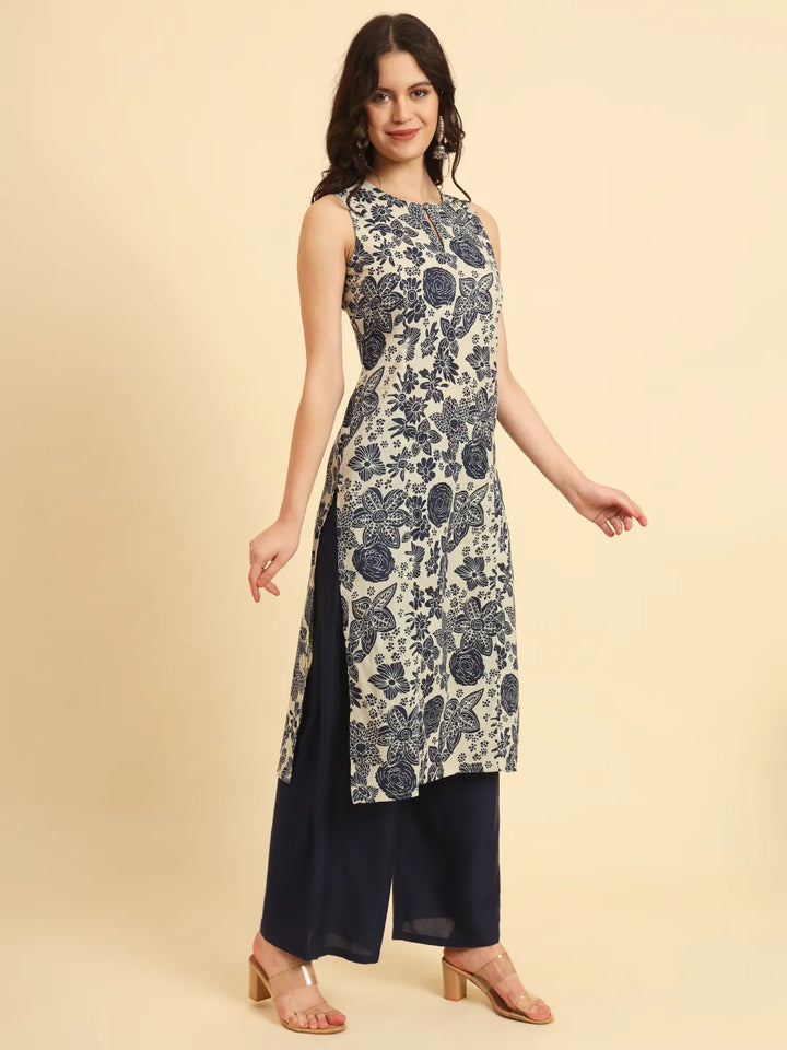 Blue Cotton Ethnic Motifs Straight Kurta