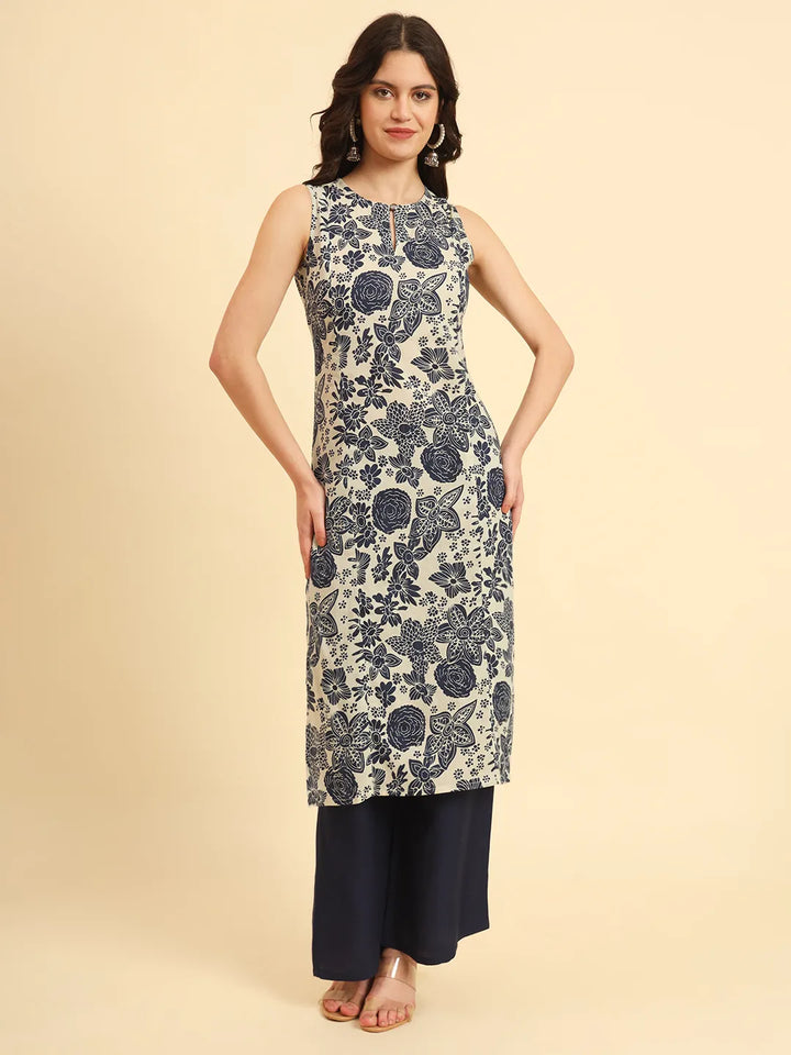 Blue Cotton Ethnic Motifs Straight Kurta