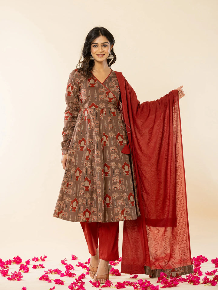 Brown Cotton Angrakha Style Kurta With Dobby Dupatta Set