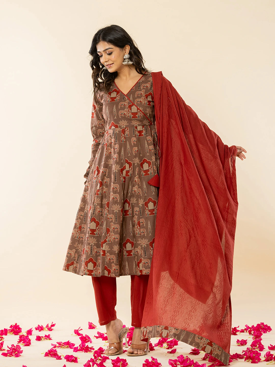 Brown Cotton Angrakha Style Kurta With Dobby Dupatta Set