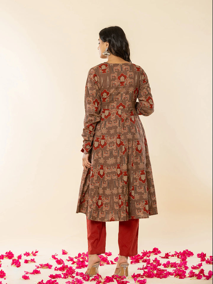 Brown Cotton Angrakha Style Kurta With Dobby Dupatta Set