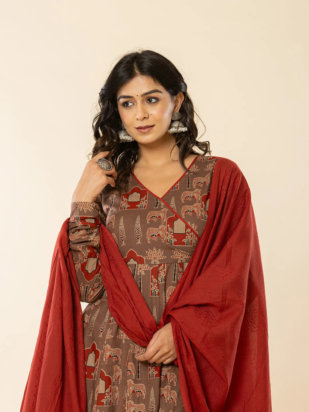 Brown Cotton Angrakha Style Kurta With Dobby Dupatta Set