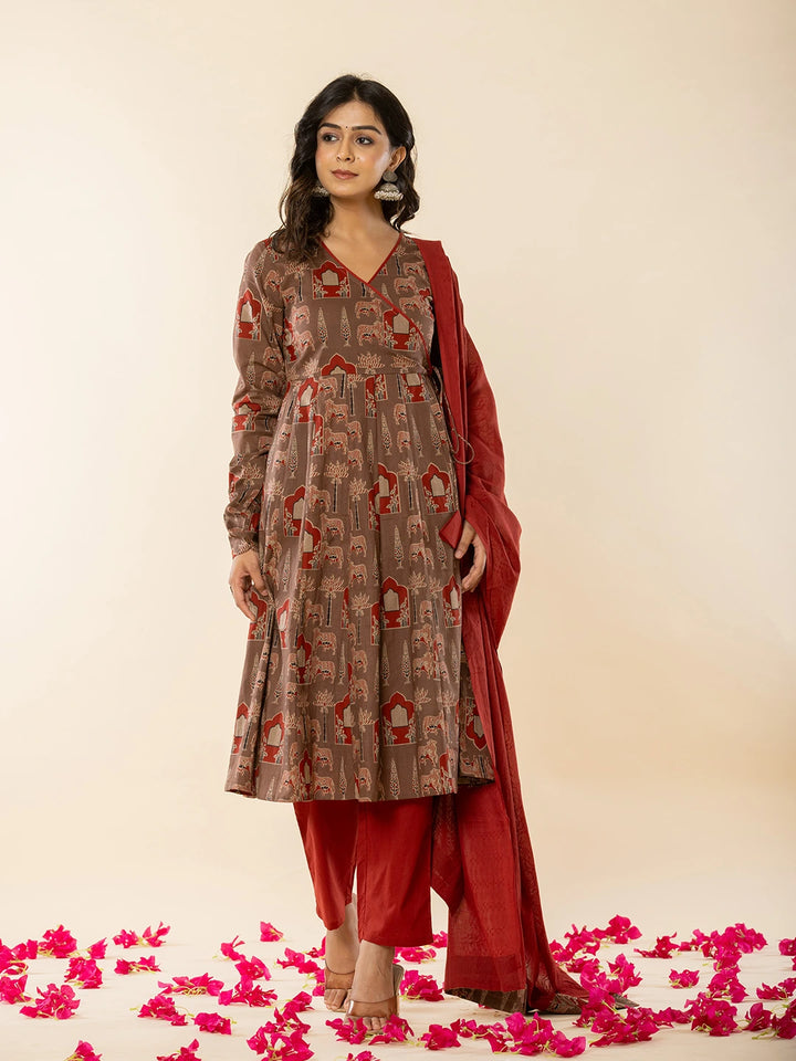 Brown Cotton Angrakha Style Kurta With Dobby Dupatta Set