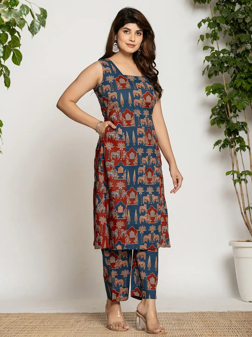 Cotton A-Line Sleeveless Co-Ord Set-Yufta Store-7201CRDBLM