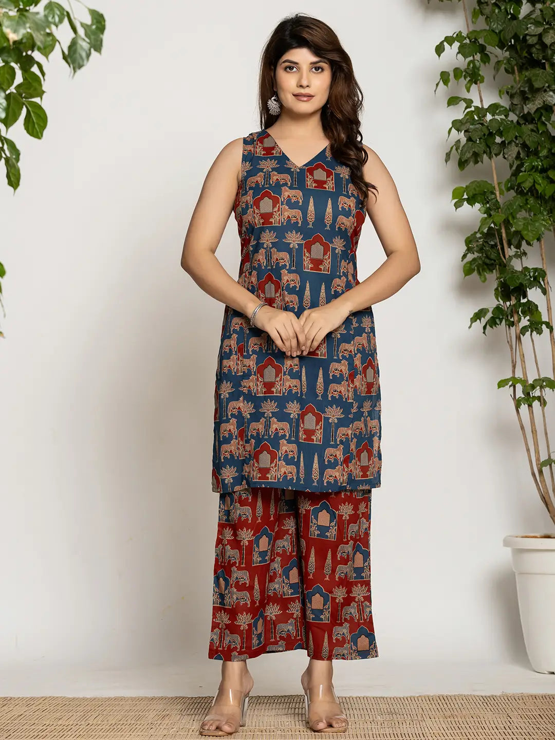 Cotton Cleeveless Co-Ord Set-Yufta Store-7202CRDBLM