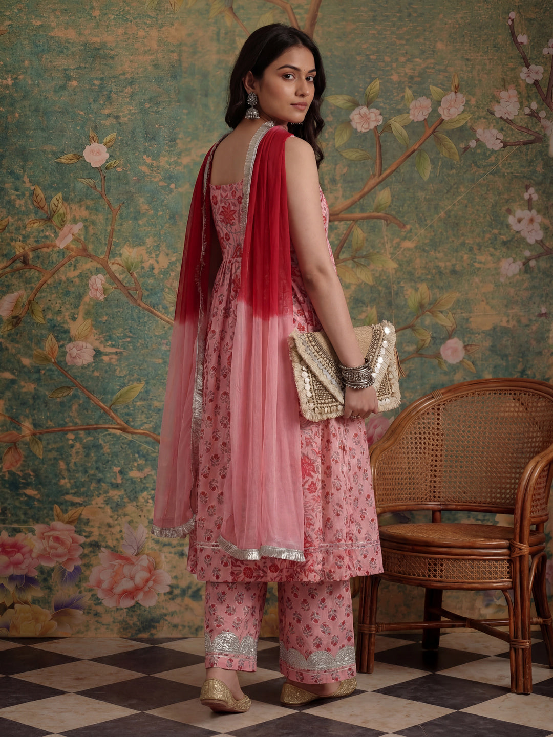 Pink Floral Print Anarkali Kurta And Trouser With Dupatta Set