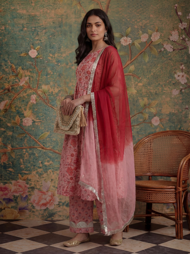 Pink Floral Print Anarkali Kurta And Trouser With Dupatta Set