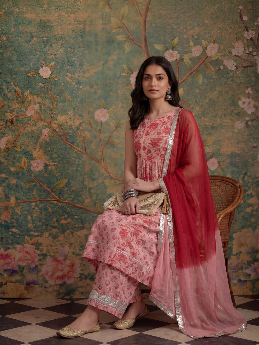 Pink Floral Print Anarkali Kurta And Trouser With Dupatta Set