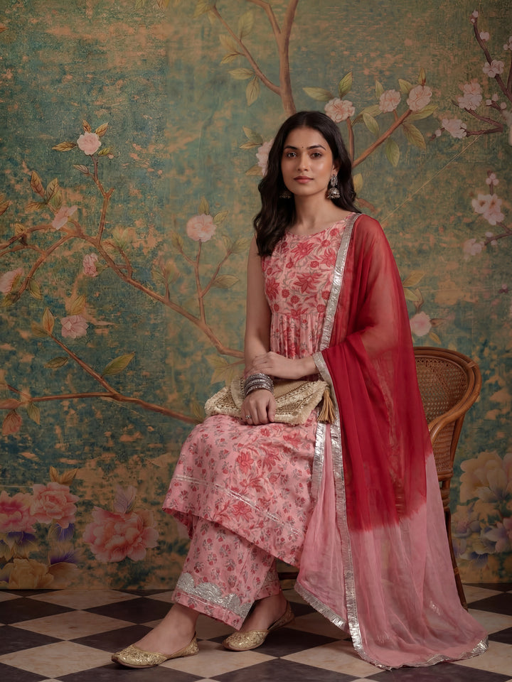Pink Floral Print Anarkali Kurta And Trouser With Dupatta Set