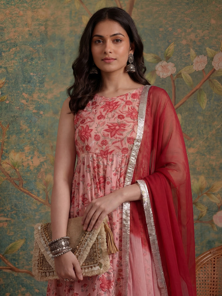 Pink Floral Print Anarkali Kurta And Trouser With Dupatta Set