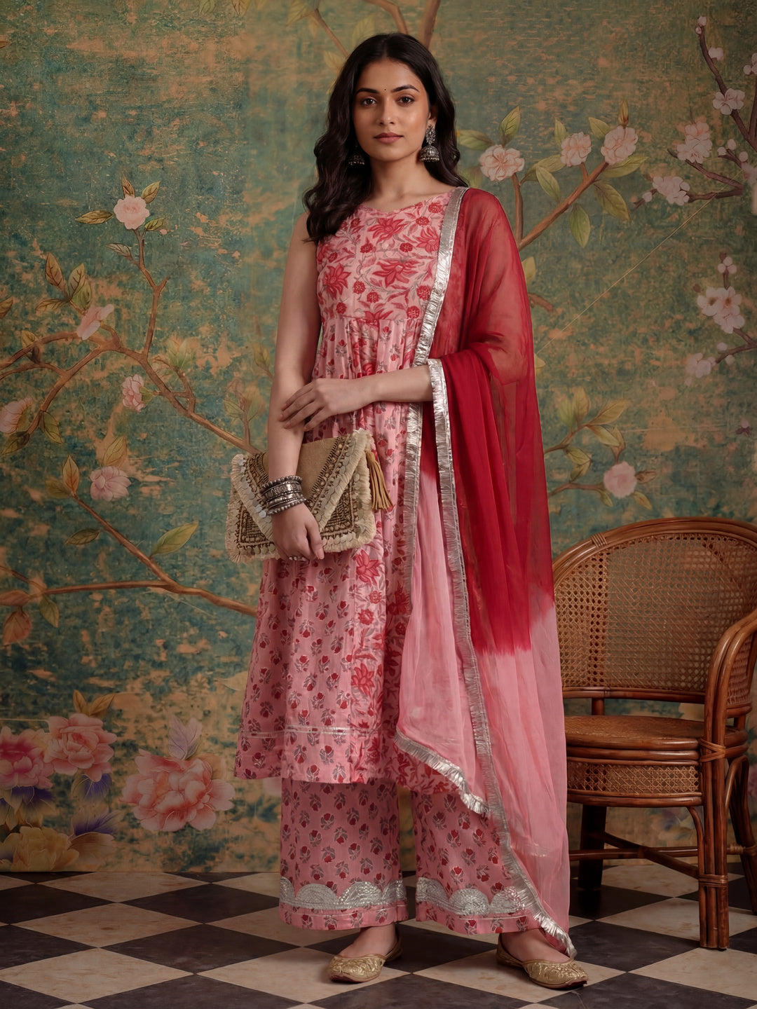 Pink Floral Print Anarkali Kurta And Trouser With Dupatta Set