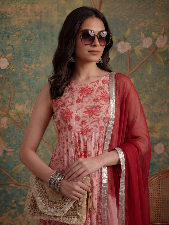 Pink Floral Print Anarkali Kurta And Trouser With Dupatta Set