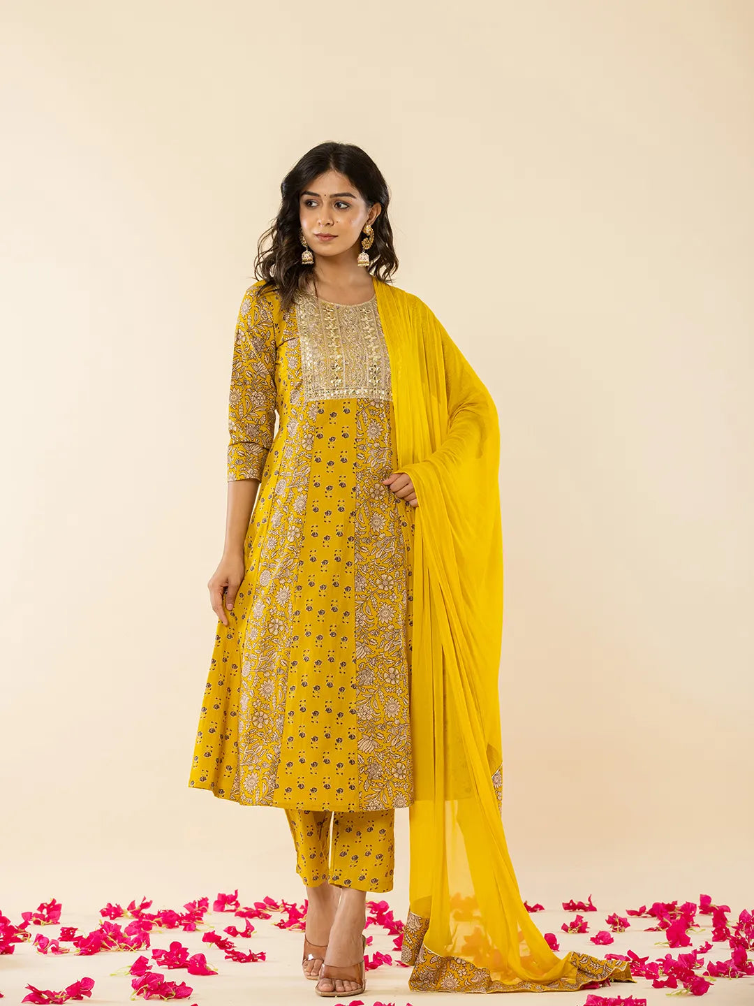 Mustard Cotton Embroidered Anarkali Kurta Dupatta Set-Yufta Store-7209SKDMSS