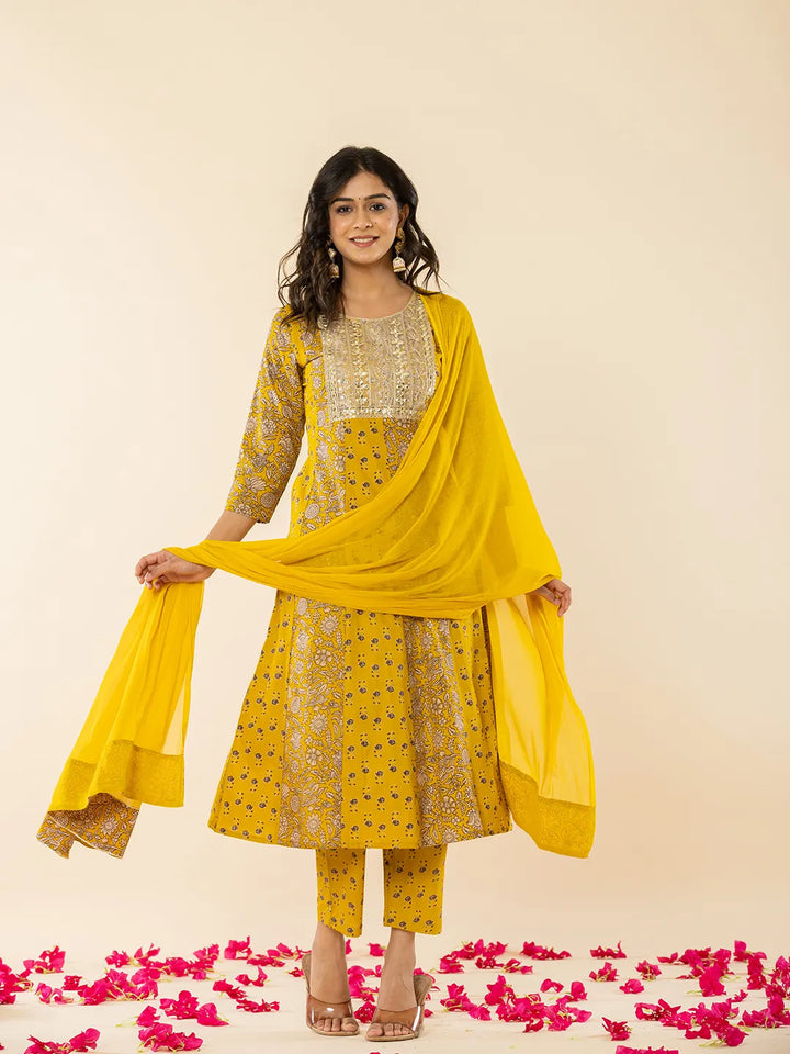 Mustard Cotton Embroidered Anarkali Kurta Dupatta Set-Yufta Store-7209SKDMSS